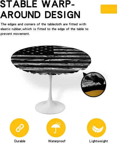 Miniatura 2 de Mantel redondo ajustable con bandera de camuflaje estadounidense para mesas de comedor, diseño de estrellas y rayas de camuflaje con borde elástico