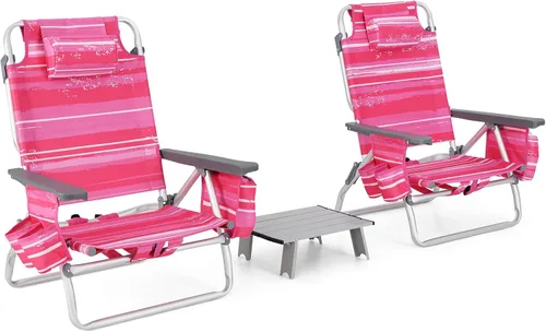 Miniatura 17 de Tangkula Juego de 2 Sillas de Playa con Mochila, Sillas de Playa Reclinables de 5 Posiciones que se Recuestan Completamente con Bolsa Refrigeradora