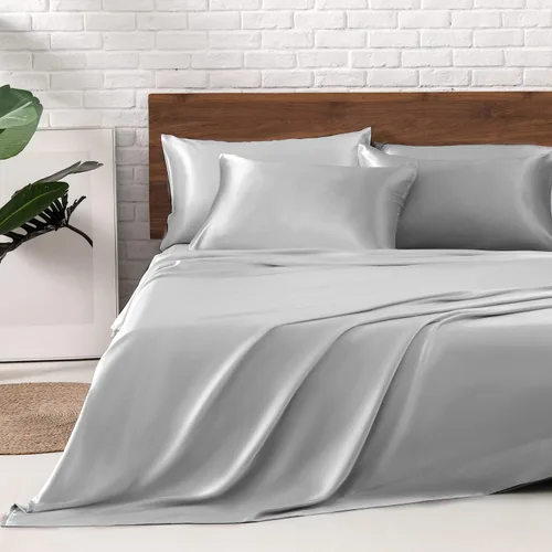 Miniatura 68 de MR&HM Sábanas de satén para cama de tamaño King, juego de 4 piezas de ropa de cama sedosa con bolsillo profundo de 15 pulgadas para colchón