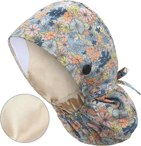 Miniatura 41 de QBA Gorra de trabajo ajustable con botón, gorro forrado de satén, gorro de trabajo de algodón, banda elástica para atar en la espalda, unisex Pt