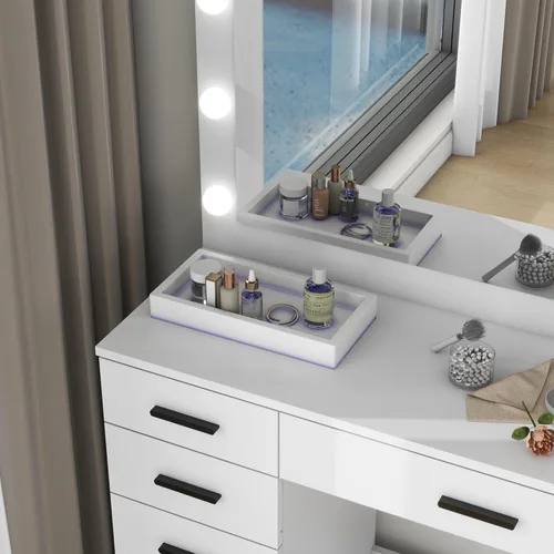 Miniatura 5 de Escritorio de tocador con espejo grande y luces, 11 cajones, mesa de maquillaje con taburete, 3 modos de iluminación, brillo ajustable, tocador