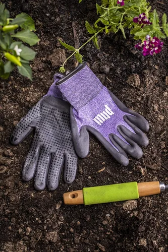 Miniatura 8 de Guantes de jardinería para mujer Mud Grip de tejido de nylon sin costuras, resistentes al agua, con palma de nitrilo punteado Violeta