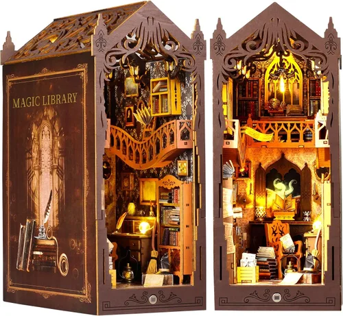 Miniatura 8 de TuKIIE Kit de bricolaje en miniatura para rincón de libro, estantería de casa de muñecas con sensor de luz y a prueba de polvo, soporte decorativo
