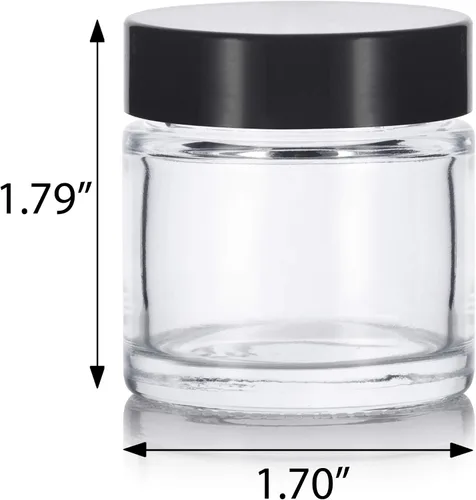 Miniatura 2 de Tarro de vidrio de pared grueso transparente de 1 onza / 1.0 fl oz con tapas negras (paquete de 12) hermético, a prueba de olores