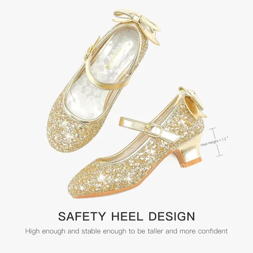 Miniatura 6 de Dufannie Zapatos de vestir para niñas, zapatos de tacón bajo de princesa, zapatos planos con purpurina para bodas y fiestas