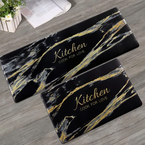 Carvapet 2 tapetes cómodos antifatiga para cocina, de pie, impermeables, decorativas, ergonómicas, para cocina, diseño de mármol negro y dorado, 17