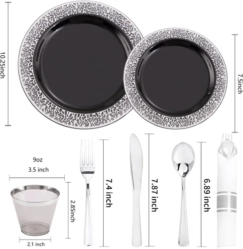 Miniatura 3 de NOCCUR Juego de vajilla de 210 piezas de color negro y plateado para 30 invitados, platos de plástico negro con borde plateado que incluyen 30 Negro