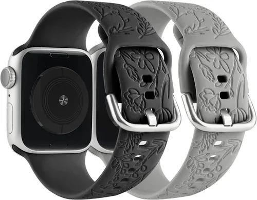 Miniatura 3 de Paquete de 2 correas deportivas grabadas con flores compatibles con correas de Apple Watch de 1.496 pulgadas, 1.575 pulgadas, 1.614 pulgadas