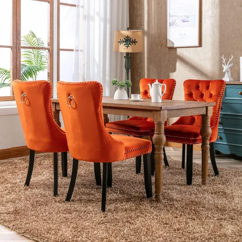 Miniatura 3 de Juego de 2 sillas de comedor de terciopelo, sillas decorativas tapizadas con botón acolchonado, ribete de cabeza de clavo y tirador de anillo Naranja