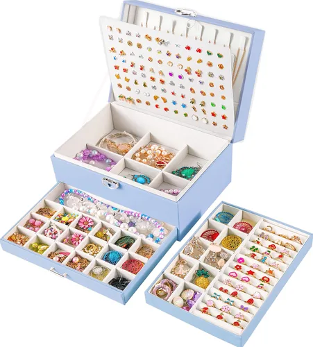 Miniatura 64 de Joyero de pendientes para mujeres y niñas, organizador de aretes de 5 capas, caja organizadora de joyas blanca con candado, collares y aretes