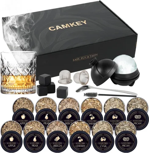 Kit Ahumador de Whisky de 25 Piezas - 12 Astillas de Madera, Molde para Bolas de Hielo, Kit Infusor Ahumador de Cócteles, Kit Ahumador de Bebidas