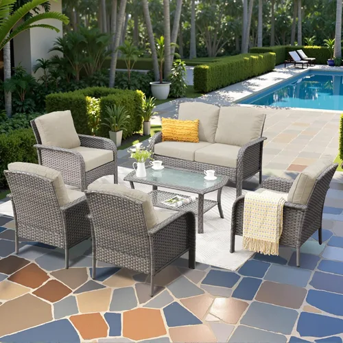 Miniatura 19 de CAODOC Juego de muebles de mimbre para patio, 4 piezas, para todo tipo de clima, sofá biplaza y mesa para patio trasero, balcón y terraza