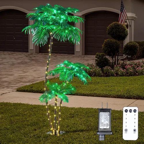 Palmera artificial iluminada de 6 pies, 3 pies y 2 pies, decoración de palmera artificial para exteriores, 203 luces LED, árbol falso para