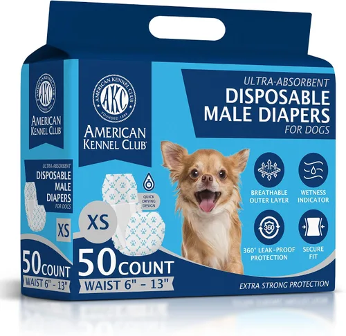 American Kennel Club Fajas desechables para perros machos, con indicador de humedad, tamaño XS, 50 unidades
