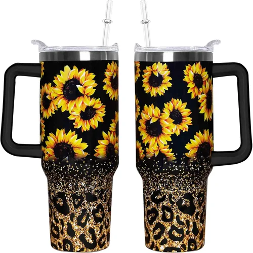 Miniatura 21 de Vaso de 40 onzas con asa de 40 onzas con diseño de mariposa morada con tapa, popote con doble aislamiento, taza de café de viaje, regalo de mariposa