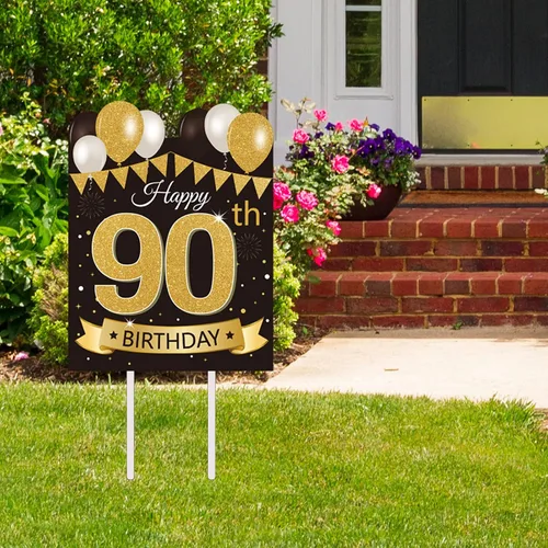 Miniatura 13 de Letrero grande de patio para fiesta de feliz cumpleaños número 13, negro dorado, letreros de patio de cumpleaños 13 con estacas y decoraciones
