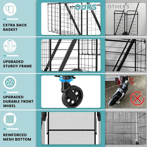 Miniatura 2 de Carrito de compras con capacidad de 150 kg para comestibles, carrito de comestibles jumbo mejorado con forro impermeable, ruedas giratorias de 360°