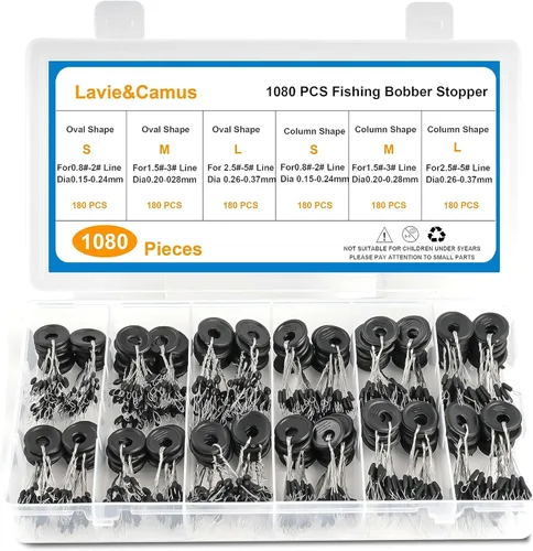 Lavie&Camus 1080 topes de pesca Bobber, flotadores ovalados y de columna, topes de hundimiento de goma negra 6 en 1, tope de flotador tamaño L, M S