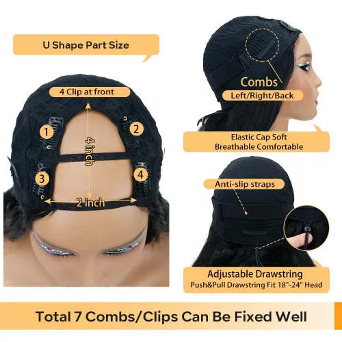 Miniatura 3 de Peluca de Cabello Humano con Parte en U, Cabello Ondulado con Cordón de Cierre, Densidad 180%, Peluca de Parte en U, Cabello Humano Virgen Brasileño