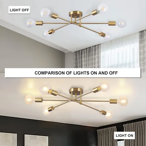 Miniatura 6 de Lámpara de techo semiempotrada, lámparas de araña Sputnik modernas de 6 luces en latón con base E26, lámparas de cocina estilo granja vintage