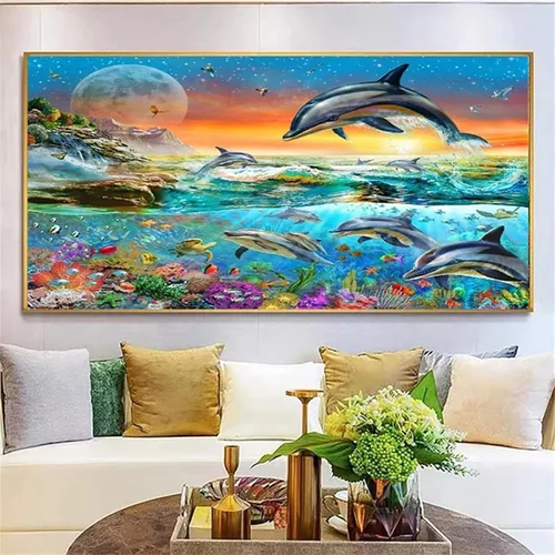 Wenpeef Arte de diamantes marinos de delfines para adultos, 11.8 x 23.6 in, kits de pintura de diamantes grandes 5D, pintura redonda por números,