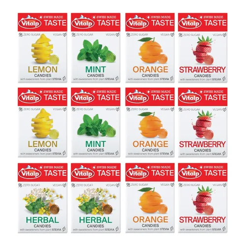 Miniatura 11 de Vitalp Taste, hecho en Suiza, caramelo duro sin azúcar con Stevia, vegano, sabor a caramelo cremoso, paquetes de 25g/0.88 onzas, 16 cajas