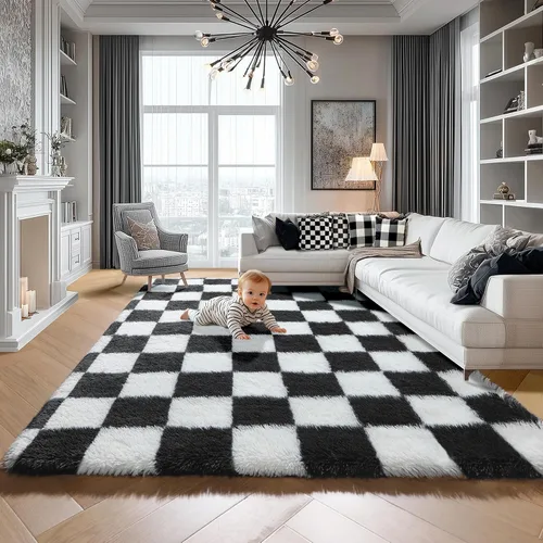Miniatura 71 de KICMOR - Tapete a cuadros afelpado, peludo, mullido, color beige y blanco crema, pequeño, de 2 x 3 pies, para dormitorio, sala, junto a la cama