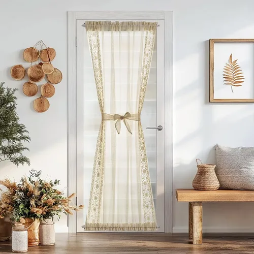 Miniatura 18 de jinchan Cortina de puerta francesa semitransparente con lazos de amarre, cortina de privacidad de gasa bordada floral para puerta de patio, armario