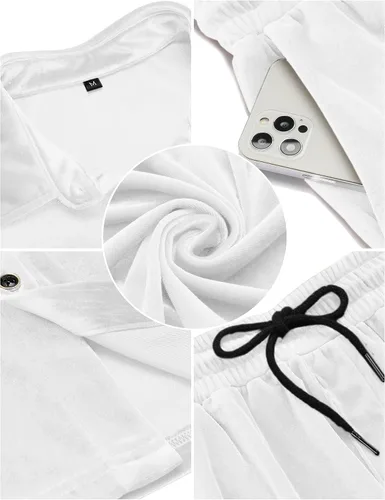 Miniatura 66 de LecGee Conjunto de pantalones cortos casuales de verano para hombre, camisa de terciopelo de manga corta con botones, pantalones cortos de cintura
