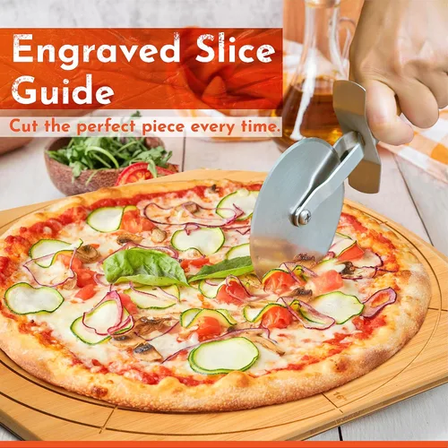 Miniatura 6 de Pizarra de madera de 16 pulgadas con tamaños grabados, tabla de cortar de pizza de bambú multiusos, cáscara de pizza de madera, espátula de pizza