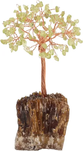 mookaitedecor Árbol de cristal de peridoto natural sobre base de racimo de calcita ámbar, adorno de árbol de dinero de Feng Shui para decoración de