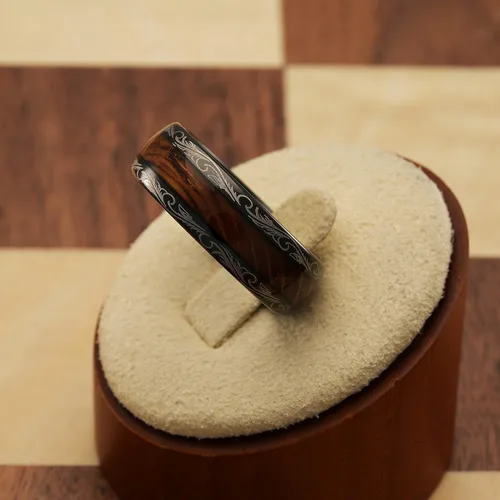 Miniatura 3 de 100S JEWELRY Anillos de tungsteno para hombres y mujeres con incrustación de barril de whisky, estilo vintage, diseño barroco, hoja, negro, anillo