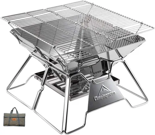 CAMPINGMOON Hoguera Portátil de Acero Inoxidable Plegable para Fogata, Parrilla de Leña y Carbón para Estufa de Camping, Cocina al Aire Libre,