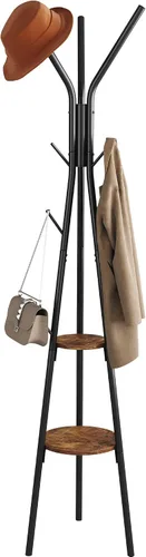 HOMEFORT Perchero, perchero con 2 estantes, árbol de pasillo independiente, colgador de metal para sombreros con 12 ganchos para ropa, sombreros y