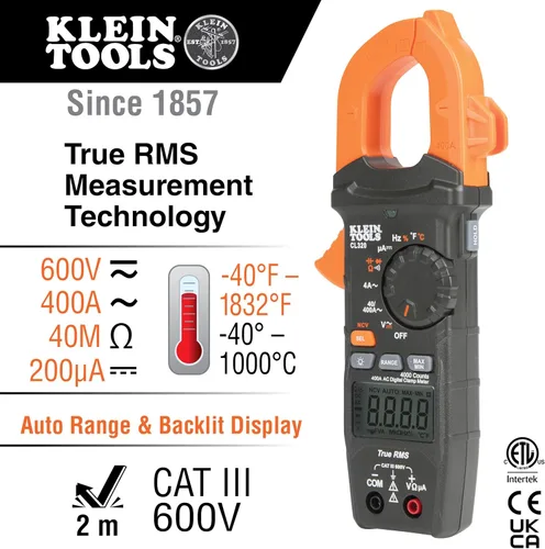 Miniatura 2 de Klein Tools CL320 - Medidor de pinza digital de HVAC, rango automático de 400 amperios CA, voltaje AC/DC, TRMS, microamperios de CC, resistencia