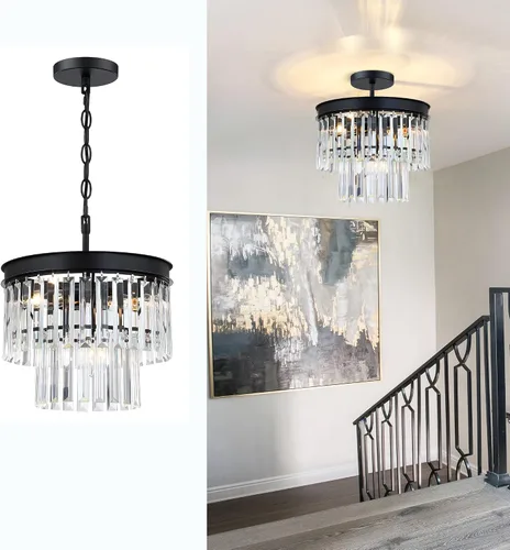 Miniatura 7 de MEXO Lámpara de techo de cristal empotrada con acabado negro, lámpara de cristal de 2 niveles para sala de estar, dormitorio, comedor, pasillo
