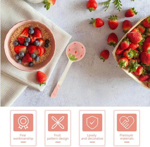Miniatura 9 de Housoutil Juego de 2 cucharas de cerámica de fresa de mango largo con patrón de frutas para café, té, yogur, helado, cubiertos de cocina
