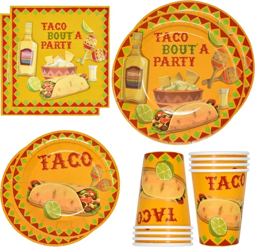 Gift Boutique - El juego de fiesta de tacos sirve 24, incluye platos llanos de 9 pulgadas, platos de postre de 7 pulgadas, tazas de 9 onzas y