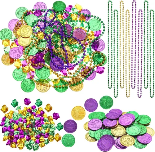 Crowye Juego de 180 monedas falsas del tesoro pirata, gemas de plástico y collar de cuentas, juego de joyas para piratas, aventura, carnaval, Dorado