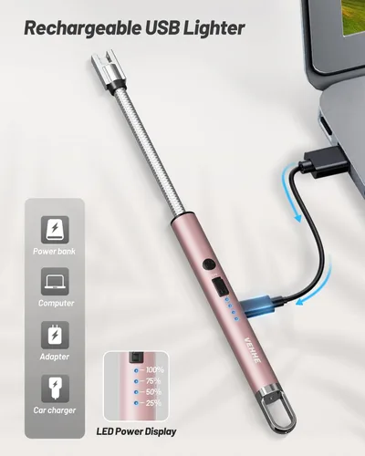 Miniatura 3 de VEHHE - Encendedor eléctrico de velas, encendedores recargables por USB con botón de seguridad, encendedor largo de cuello flexible con diseño Rosa