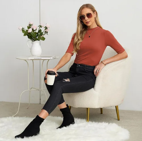 Miniatura 5 de PrinStory Camisetas de manga corta para mujer, para otoño, de negocios, elegantes, casuales, sin botones, a la moda 2023