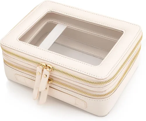 Miniatura 32 de Aveniee Organizador de bolsa de maquillaje transparente, bolsa de aseo de viaje para mujer, bolsa de cosméticos impermeable con cremalleras, Rosa