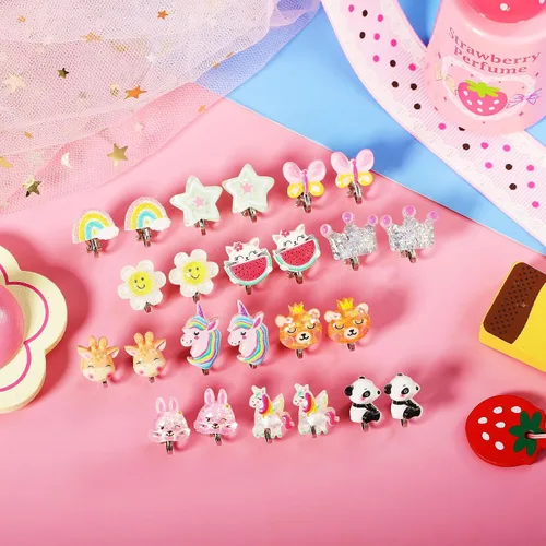 Miniatura 8 de PinkSheep Aretes de clip para niñas y niños, 12 pares de aretes kawaii de mariquita, unicornio, arcoíris, princesa, regalo para niña