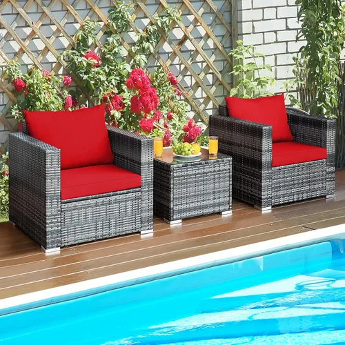 Miniatura 11 de Juego de muebles de patio de 3 piezas para exteriores, juego de conversación de mimbre de ratán con cojín resistente al agua y mesa de vidrio Beige