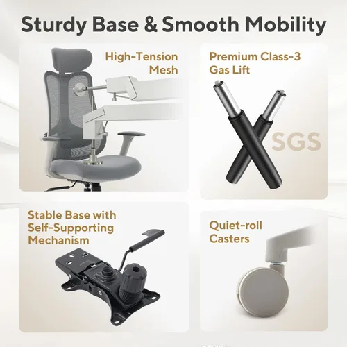 Miniatura 9 de Nouhaus Fluido - Silla de oficina ergonómica, silla de computadora de malla con respaldo alto y soporte lumbar ajustable en altura, respaldo y Gris