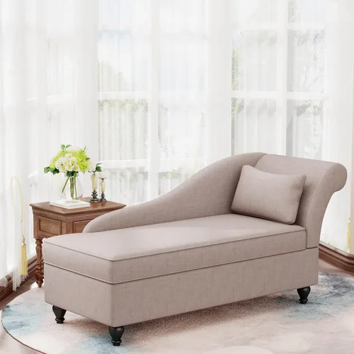 Miniatura 9 de Tumbona de almacenamiento para interiores, sillón tapizado de lino con almacenamiento para dormitorio, sala de estar, oficina, tela beige