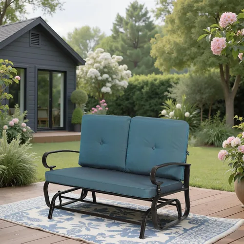 Miniatura 4 de Banco al aire libre para patio, mecedora de 2 asientos, mecedora de hierro forjado para patio exterior con cojín (azul)