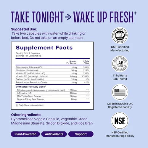 Miniatura 2 de DHM Detox - No Days Wasted - Nuevo aspecto - Suplemento de dihidromiricetina, cardo mariano, tuna espinosa, vitaminas B, mezcla de electrolitos