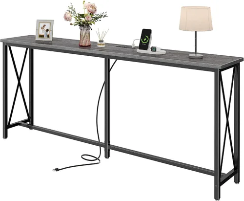 SUPERJARE Mesa consola de 70 pulgadas con tomas de corriente y puerto USB-C, extra larga detrás del sofá con diseño en forma de X, estrecha para Gris