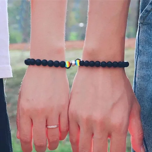 Miniatura 5 de Disfraz de collar de diamantes a la moda negro blanco arco iris imán de cuentas de hierro para parejas conjunto de pulseras de cuentas de arco iris